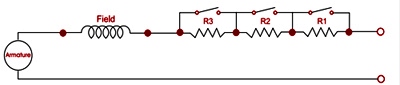 Typical resistor control schematic for a DC Series wound motor